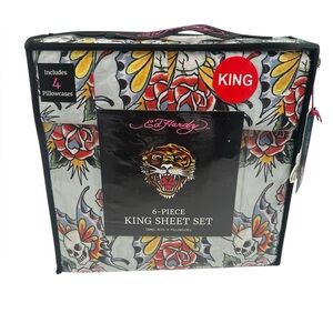Ed Hardy King Size Sheet Set 6-Piece Sky Blue Green Skull Butterfly Print NWT